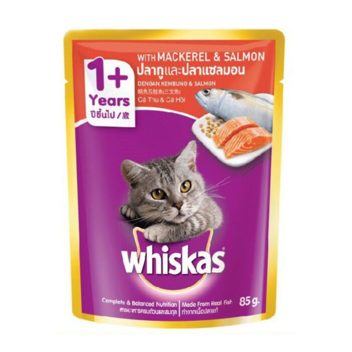 SOOS Whiskas Pouch Adult Mackerel & Salmon - อาหารแมวเปียกรสปลาทูและปลาแซลมอน 80g (8133)