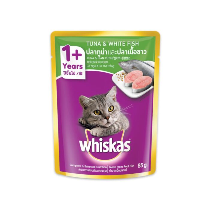 Whiskas Pouch Adult Tuna & White Fish - อาหารแมวเปียกรสปลาทูน่าและปลาเนื้อขาว 80g (8137)