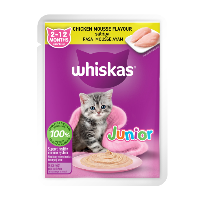 Whiskas Pouch Junior Chicken Mousse - อาหารลูกแมวเปียกรสไก่มูส 80g