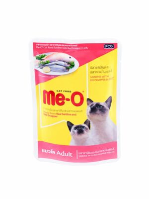 me-o sardine red Me-O Pouch Sardine & Red Snapper In Jelly - อาหารเปียกสำหรับแมวรสปลาซาร์ดีน & ปลากระพงในเยลลี่ 80g (8154)