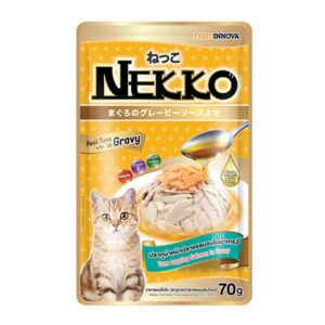 nk tn sm Nekko - อาหารแมวรสปลาทูน่าปลาแซลมอนในน้ำเกรวี่ 70g (8170)