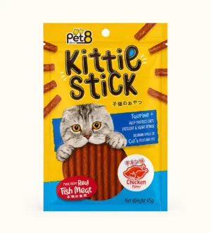 Pet8 Kittie Stick Chicken Flavour + Taurine_11zon Pet8 Kittie Stick Chicken Flavour + Taurine - ขนมแมวสติ๊กรสไก่ผสมทอรีน 45g (10795)