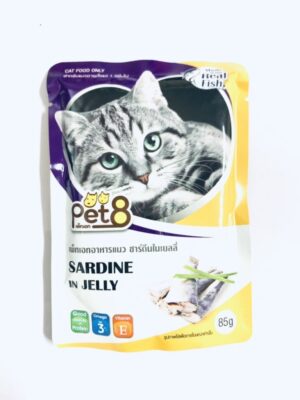 14937438303951 Pet8 Pouch Sardine In Jelly - อาหารแมวเปียกปลาซาร์ดีนในเยลลี่ 85g (11557)