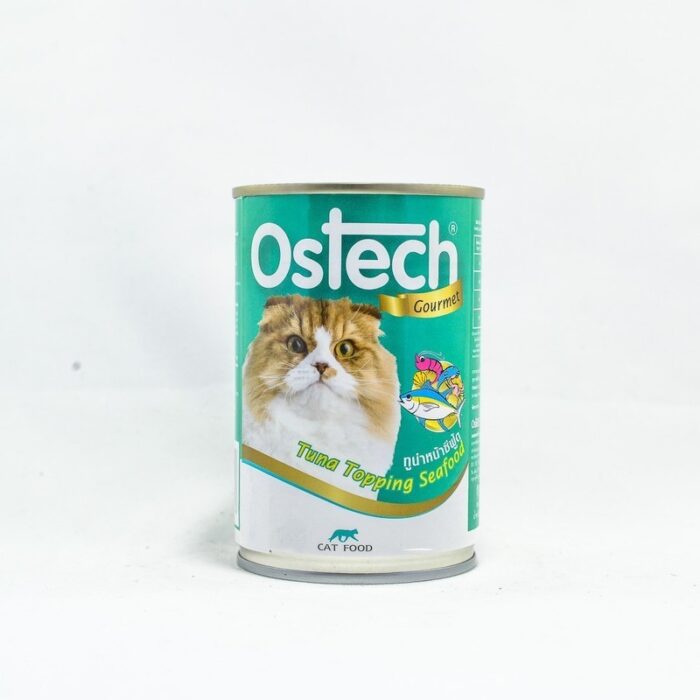 อาหารแมวกระป๋อง ออสเทค รสทูน่าหน้าซีฟู้ด 400g Ostech Gourmet Original Tuna topping Seafood