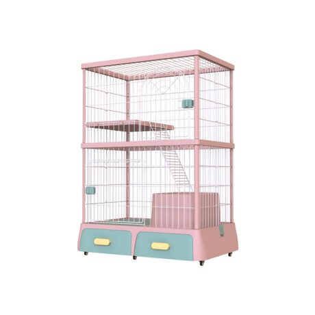 Multi Function 2-Layers Cat Cage DF-2 - กรงแมวมีล้อ 2 ชั้น พร้อมอุปกรณ์ (ห้องน้ำแมว+ลิ้นชักเก็บของ)(85x58x128cm)
