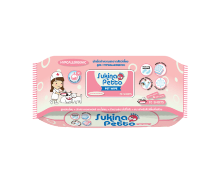 Sukina Petto Pet Wipe Hypo - ผ้าเช็ดทำความสะอาดสัตว์เลี้ยงสูตรอ่อนโยน (70ชิ้น) (15897)