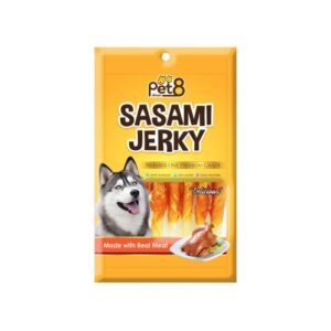 637278345968878263 Pet8 Sasami Jerky - แท่งครันชี่เสียบสันในไก่ 50g (18724)