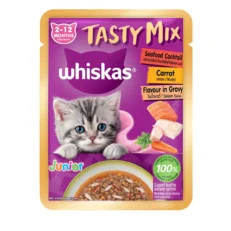 Whiskas Pouch Tasty Mix Junior Seafood Cocktail & Carrot Gravy - อาหารลูกแมวเปียกรสทะเลรวมมิตรและแครอทในน้ำเกรวี่