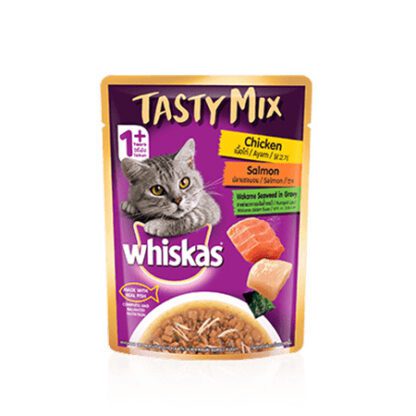 Whiskas Pouch Tasty Mix Chicken Salmon & Wakame Seaweed Gravy - อาหารแมวเปียกรสเนื้อไก่พร้อมปลาแซลมอนและสาหร่ายวากาเมะในน้ำเกรวี่ 70g (51801)