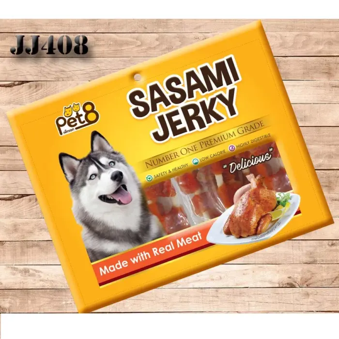 4ca34355b11b93263b16e184c83c6fed Pet8 Sasami Jerky JJ408 - สันในไก่เสียบครันซี่ ยากิโทริ 160g*2pack (338422)