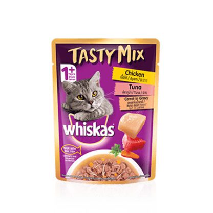 Whiskas Pouch Tasty Mix Chicken Tuna & Carrot Gravy - อาหารแมวเปียกรสเนื้อไก่พร้อมปลาทูน่าและแครอทในน้ำเกรวี่ 70g (56960)