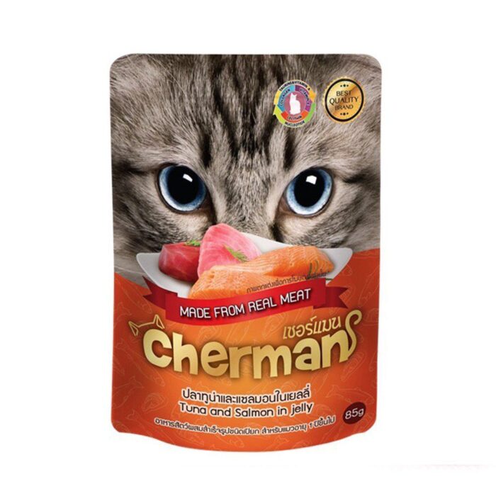 Cherman Pouch Tuna & Salmon In Jelly - อาหารแมวเปียกปลาทูน่าและปลาแซลมอนในเยลลี่ 85g (64584)