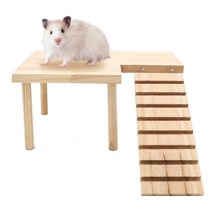 Natural Wooden Hamster Platform Wooden Hamster Platform - โต๊ะชานชาลาไม้ตกแต่งกรงสำหรับหนูแฮมสเตอร์ (28×17×13.5cm) (059908)