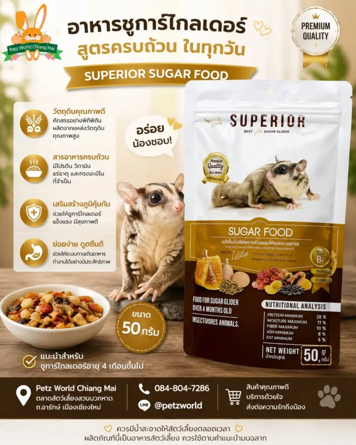 Superior-Best-Sugar-Glider-Food-50g Superior Best Sugar Glider Food 50g - อาหารสำหรับ ชูการ์ไกลเดอร์ สูตรน้ำผึ้ง ไข่ไก่ ผลไม้อบแห้ง หนอนกและเมล็ดทานตะวัน 50 กรัม