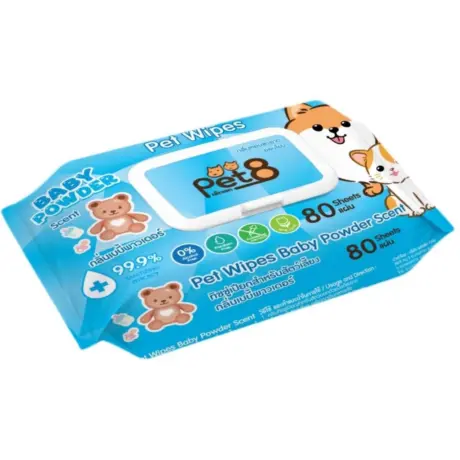 Pet8 Pet Wipes Baby Powder Scent - ทิชชู่เปียก กลิ่นแป้งเด็ก (12x18cm)(80แผ่น)
