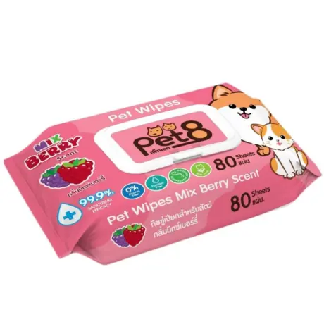 Pet8 Pet Wipes Mixed Berry Scent - ทิชชู่เปียก กลิ่นมิกซเบอร์รี่ (12x18cm)(80แผ่น)