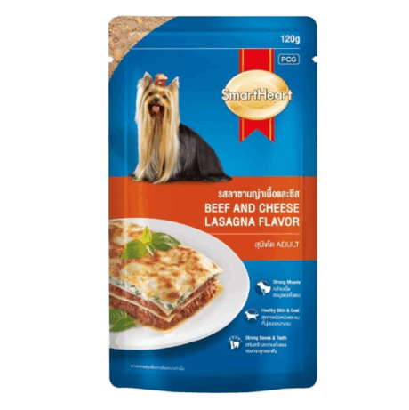 SmartHeart Pouch Beef and Cheese Lasanga Flavor - อาหารเปียกสุนัขแบบซอง รสลาซานญ่าเนื้อและชีส 120g (103230)