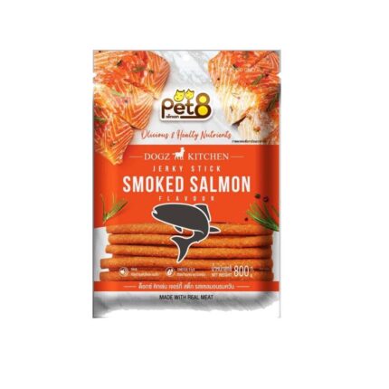Pet8 Dogz Kitchen Jerky Stick Smoked Salmon Flavour - ขนมสติ๊กแท่งสำหรับสุนัขรสแซลมอนรมควัน 800g (172356)