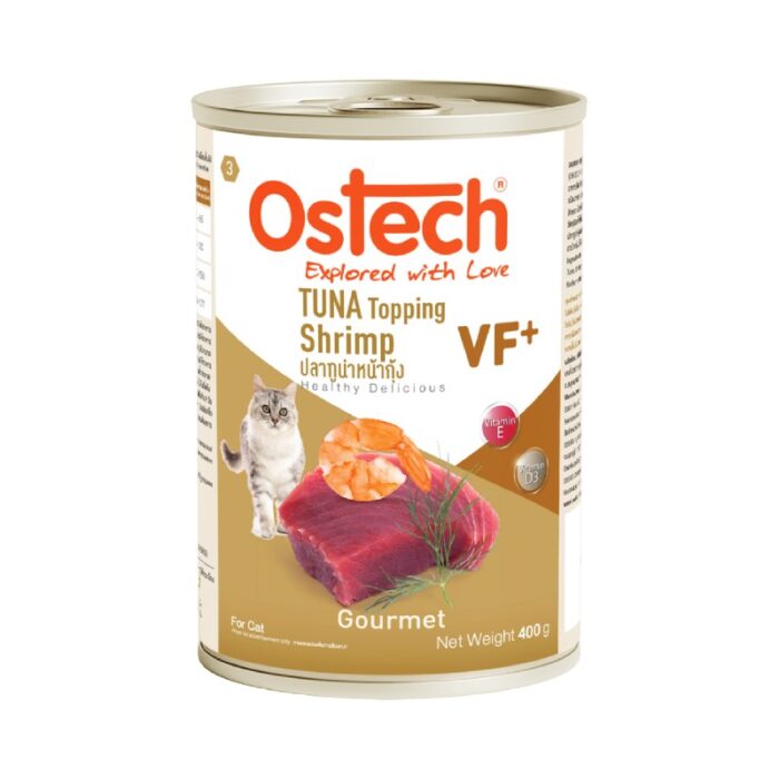 03_ostech_gourmet_vf_tuna_shrimp Ostech VF+ Tuna topping Shrimp - อาหารแมวกระป๋อง ออสเทค รสทูน่าหน้ากุ้ง 400g