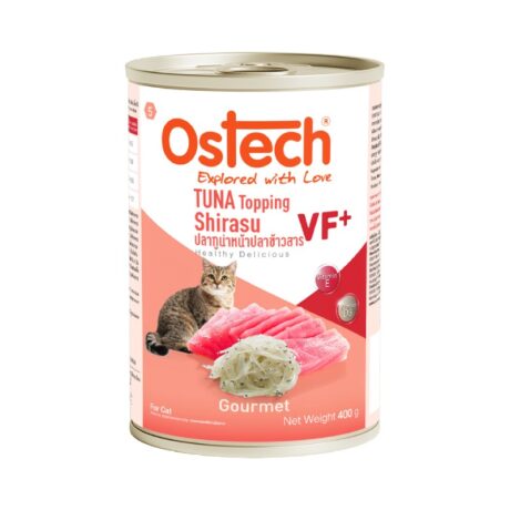 Ostech VF+ Tuna topping Shirasu - อาหารแมวกระป๋อง ออสเทค รสทูน่าหน้าปลาข้าวสาร 400g