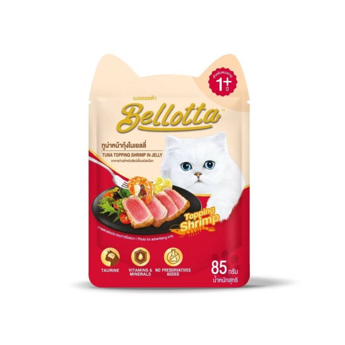Bellotta Pouch Tuna Topping Shrimp In Jelly - อาหารเปียกสำหรับแมวโตอายุ 1ปี+ ปลาทูน่าหน้ากุ้งในเยลลี่ 85g (262704)
