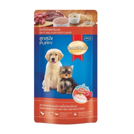 SmartHeart Puppy Pouch Beef & Liver Pâté Flavor - อาหารเปียกลูกสุนัขแบบซอง รสเนื้อวัวและตับบด 130g (261245)