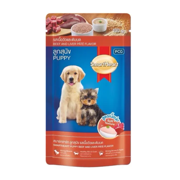 th-11134207-7r991-lwcbldienc9b96 SmartHeart Puppy Pouch Beef & Liver Pâté Flavor - อาหารเปียกลูกสุนัขแบบซอง รสเนื้อวัวและตับบด 130g (261245)