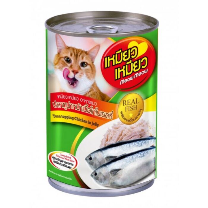 Meow Meow เหมียว เหมียว - อาหารแมวเปียกแบบกระป๋องรสปลาทูน่าหน้าเนื้อไก่ในเยลลี่ 400g (274056)