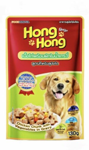 Sa7e8b81b96894e6a9c1bf714e26bfbd9H Hong Hong - อาหารสุนัขเปียกรสเนื้อไก่พร้อมผักในน้ำเกรวี่ 130g (273746)