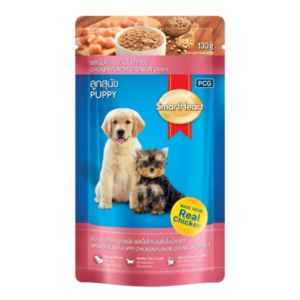 SmartHeart Pouch Puppy Chicken Flavor Chunk Flavor in Gravy - อาหารเปียกลูกสุนัขแบบซอง รสเนื้อไก่แบบชิ้นในน้ำเกรวี่ 130g (289854)