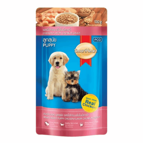 SmartHeart Pouch Puppy Chicken Flavor Chunk Flavor in Gravy - อาหารเปียกลูกสุนัขแบบซอง รสเนื้อไก่แบบชิ้นในน้ำเกรวี่ 130g (289854)