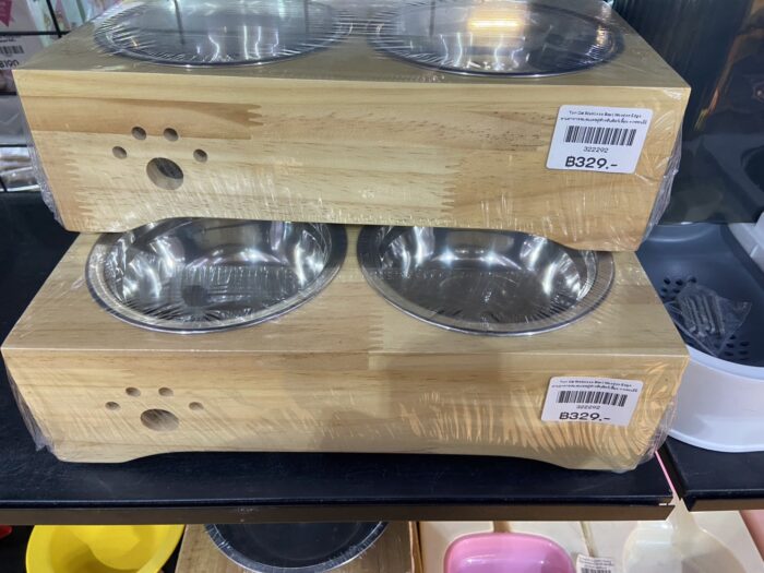 Tom Cat Stainless Bowl Wooden Edge - ชามอาหารสแตนเลสคู่สำหรับสัตว์เลี้ยง + กรอบไม้ (322292)