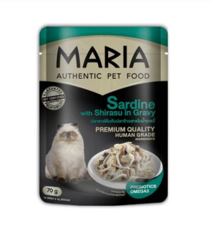 MARIA Authentic Cat Food Sardine With Shirasu In Gravy - อาหารแมวเปียก รสปลาซาร์ดีนกับปลาข้าวสารในน้ำเกรวี่ 70g (320666)