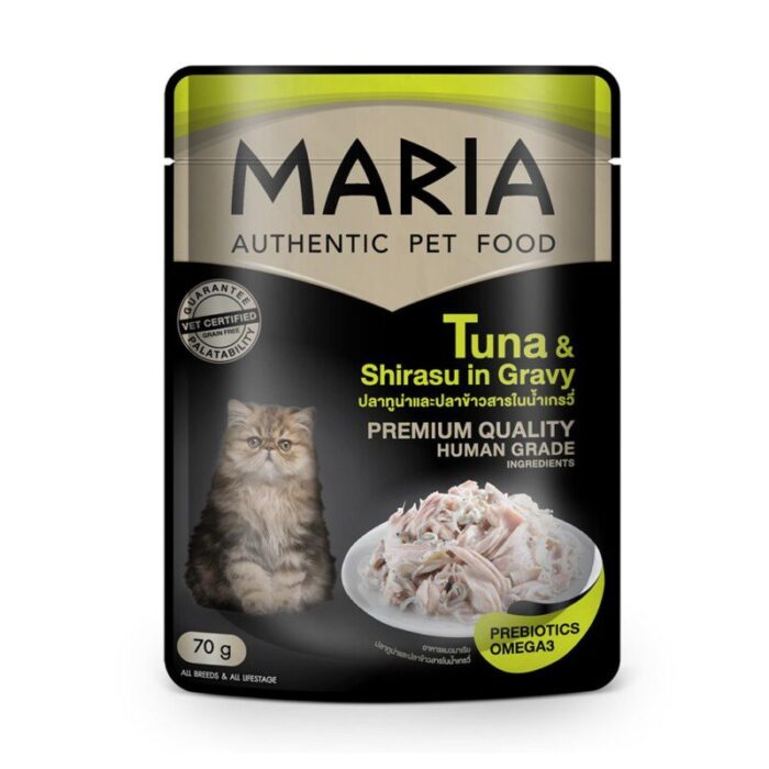 MARIA Authentic Cat Food Tuna & Shirasu In Gravy - อาหารแมวเปียก รสปลาทูน่าและปลาข้าวสารในน้ำเกรวี่ 70g (320639)