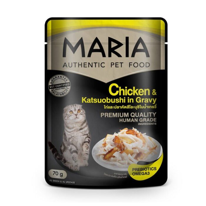 MARIA Authentic Cat Food Chicken & Katsuobushi In Gravy - อาหารแมวเปียก รสไก่และปลาคัตสึโอะบุชิในน้ำเกรวี่ 70g (320646)