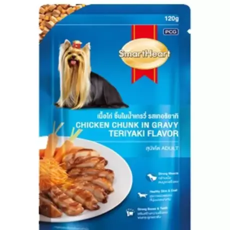 SmartHeart Pouch Chicken Chunk in Gravy Teriyaki Flavor - อาหารเปียกสุนัขแบบซอง รสเนื้อไก่ชิ้นในน้ำเกรวี่ เทอริยากิ 120g (330137)