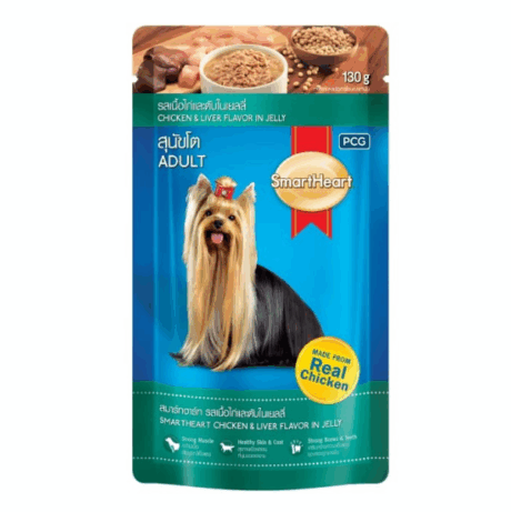 SmartHeart Pouch Chicken&Liver Flavor in Jelly - อาหารเปียกสุนัขแบบซอง รสไก่ & ตับในเยลลี่ 130g (332802)