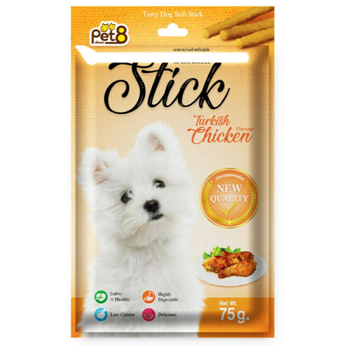 Pet8 Sasami Stick Turkish Chicken Flavour - ขนมสติ๊กแท่งสำหรับสุนัข รสไก่ตุรกี 75g (344874)