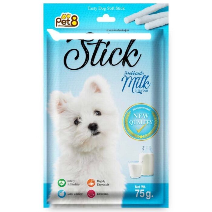Pet8 Sasami Stick Hokkaido Milk Flavour - ขนมสติ๊กแท่งสำหรับสุนัข รสนมฮอกไกโด 75g (344854)