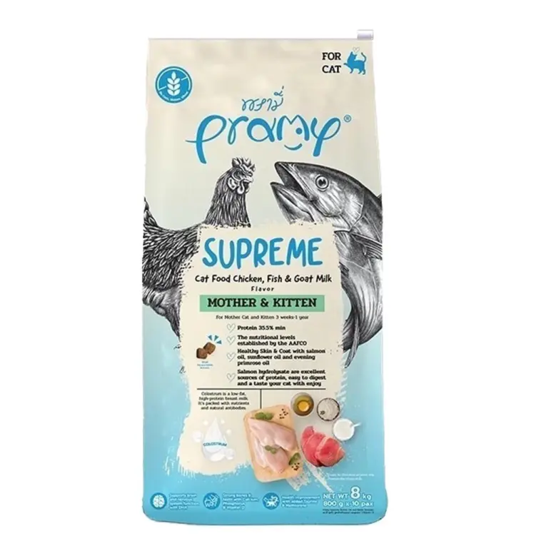 Pramy Supreme Mother & Kitten Chicken Fish & Goat Milk Flavor - อาหารเม็ดสำหรับแม่แมวและลูกแมว สูตรไก่ ปลาและนมแพะ 8kg