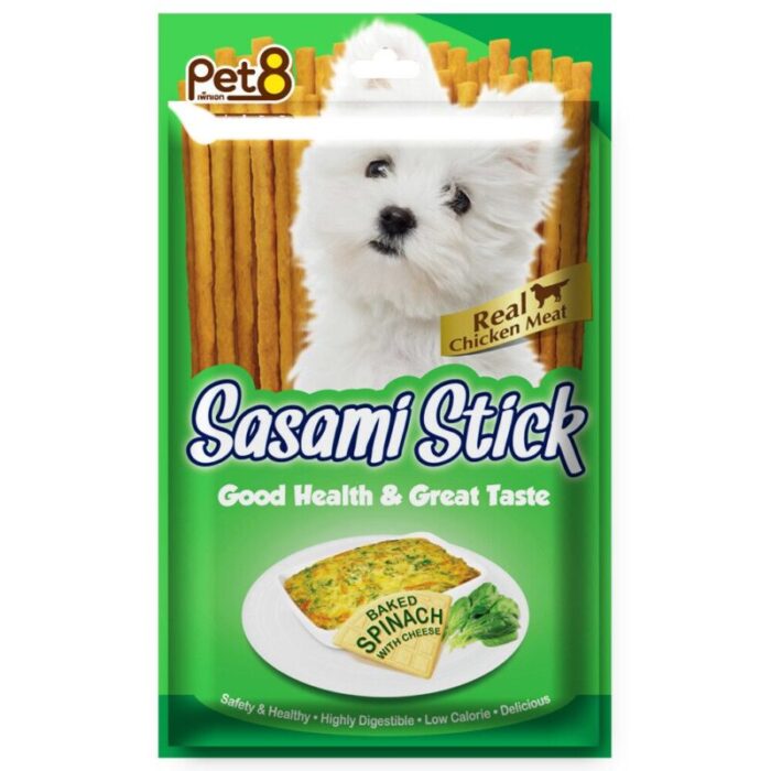 Pet8 Sasami Stick Baked Spinach With Cheese Flavour - ขนมสติ๊กแท่งสำหรับสุนัข รสผักโขมอบชีส 75g (344869)