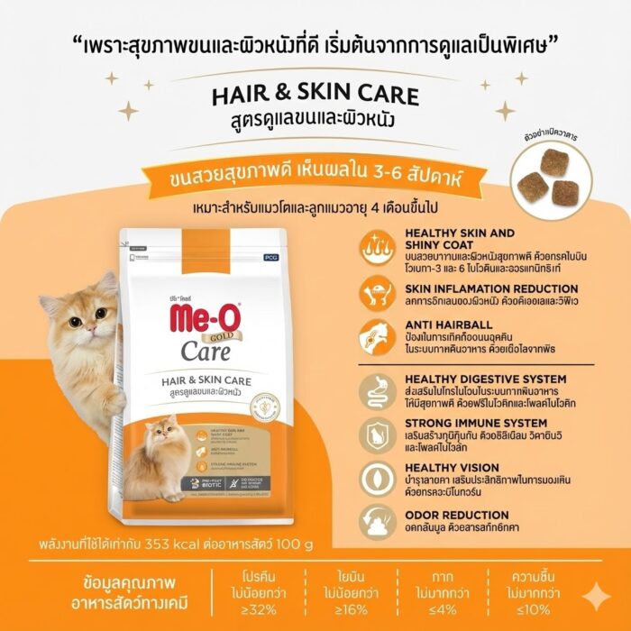 อาหารแมว 346289 Me-O Gold Care Hair & Skin Care - อาหารแมว สูตรดูแลขนและผิวหนัง 1.2kg