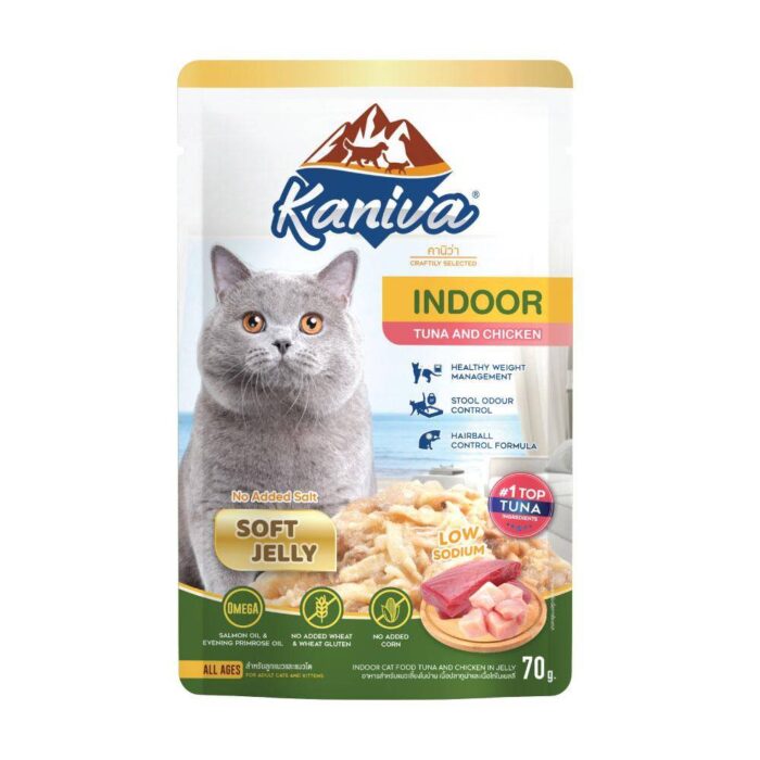 Kaniva Indoor Cat Wet Food Tuna and Chicken in Jelly 70g. - อาหารเปียกสำหรับแมวเลี้ยงในบ้าน สูตรเนื้อปลาทูน่าและเนื้อไก่ในเยลลี่ 70กรัม (384303)