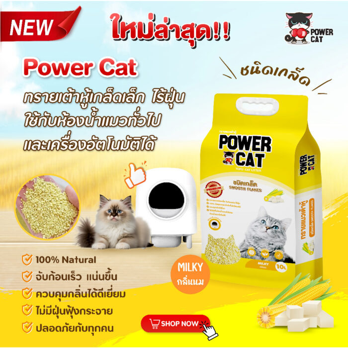 Power Cat Small Flake Tofu Cat Litter Milky Scent - พาวเวอร์ แคท ทรายแมวเต้าหู้เกล็ด กลิ่นนม 10L (399990)