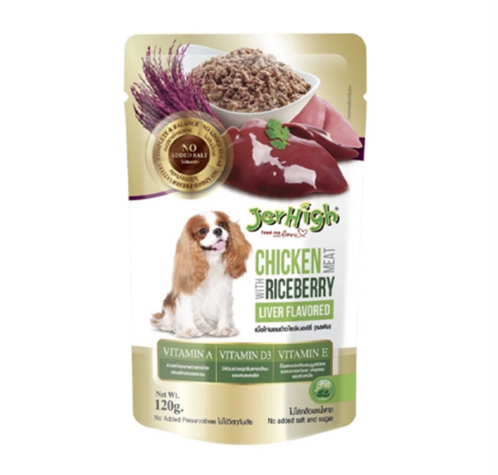 อาหารสุนัขเปียก เนื้อไก่ผสมข้าวไรซ์เบอร์รี่ รสตับ JerHigh Pouch Chicken Meat Mixed with Riceberry Rice Liver Flavor