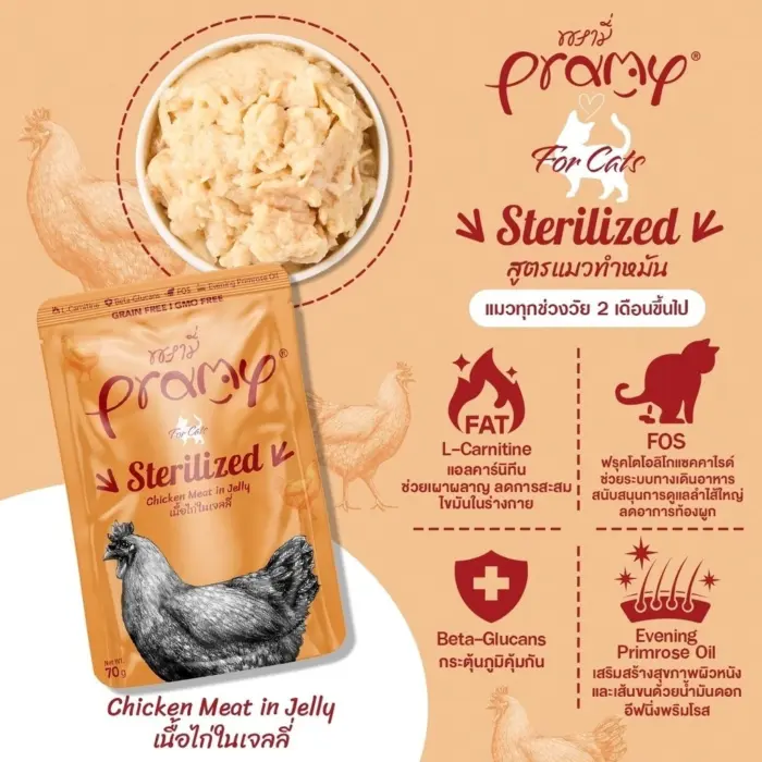 อาหารแมวเปียก 401288 Pramy Sterilized Chicken Meat in Jelly - อาหารแมวเปียก รสเนื้อไก่ในเจลลี่ สูตรแมวทำหมัน
