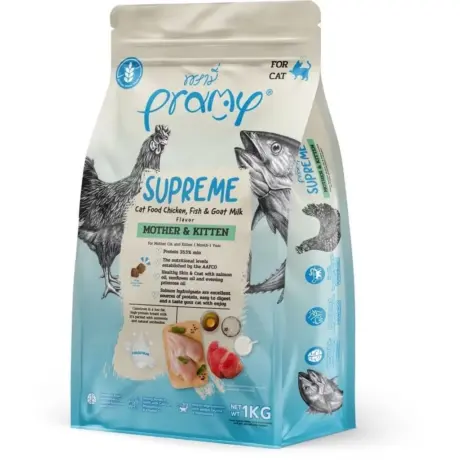 Pramy Supreme Mother & Kitten Chicken Fish & Goat Milk Flavor - อาหารเม็ดสำหรับแม่แมวและลูกแมว สูตรไก่ ปลาและนมแพะ 1kg (11529)