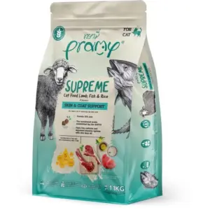 th-11134207-81ztf-mhgd8dpqtaf807 Pramy Supreme Skin & Coat Support Lamb Fish & Rice Flavor - อาหารเม็ดสำหรับแมวโต สูตรแกะ ปลาและข้าว 1.1kg (453491)