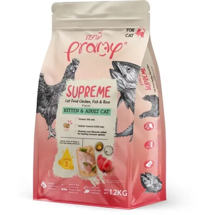 th-11134207-81zto-mhgd8dpjczy832 Pramy Supreme Kitten & Adult Cat Chicken Fish & Rice Flavor - อาหารเม็ดสำหรับลูกแมวและแมวโต สูตรไก่ปลาและข้าว 1.2kg (397545)