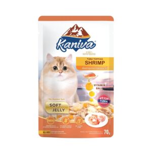 409880 Kaniva Tuna Topping Shrimp in Jelly 70 g. - อาหารเปียกสำหรับลูกแมว4เดือนขึ้นไป สูตรเนื้อปลาทูน่าหน้าเนื้อกุ้งในเจลลี่ 70กรัม (409880)